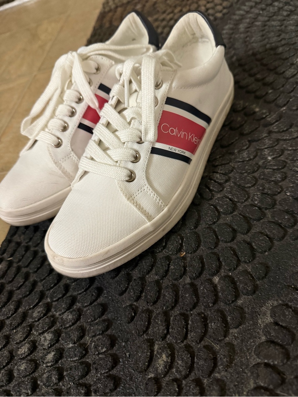 Calvin Klein White Sneakers with Red and Navy Stripe Accent